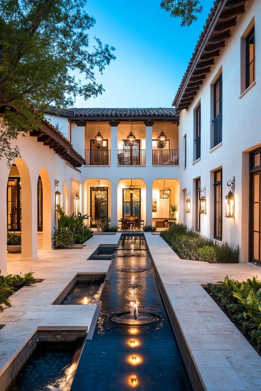 big modern Spanish hacienda with courtyard fountains