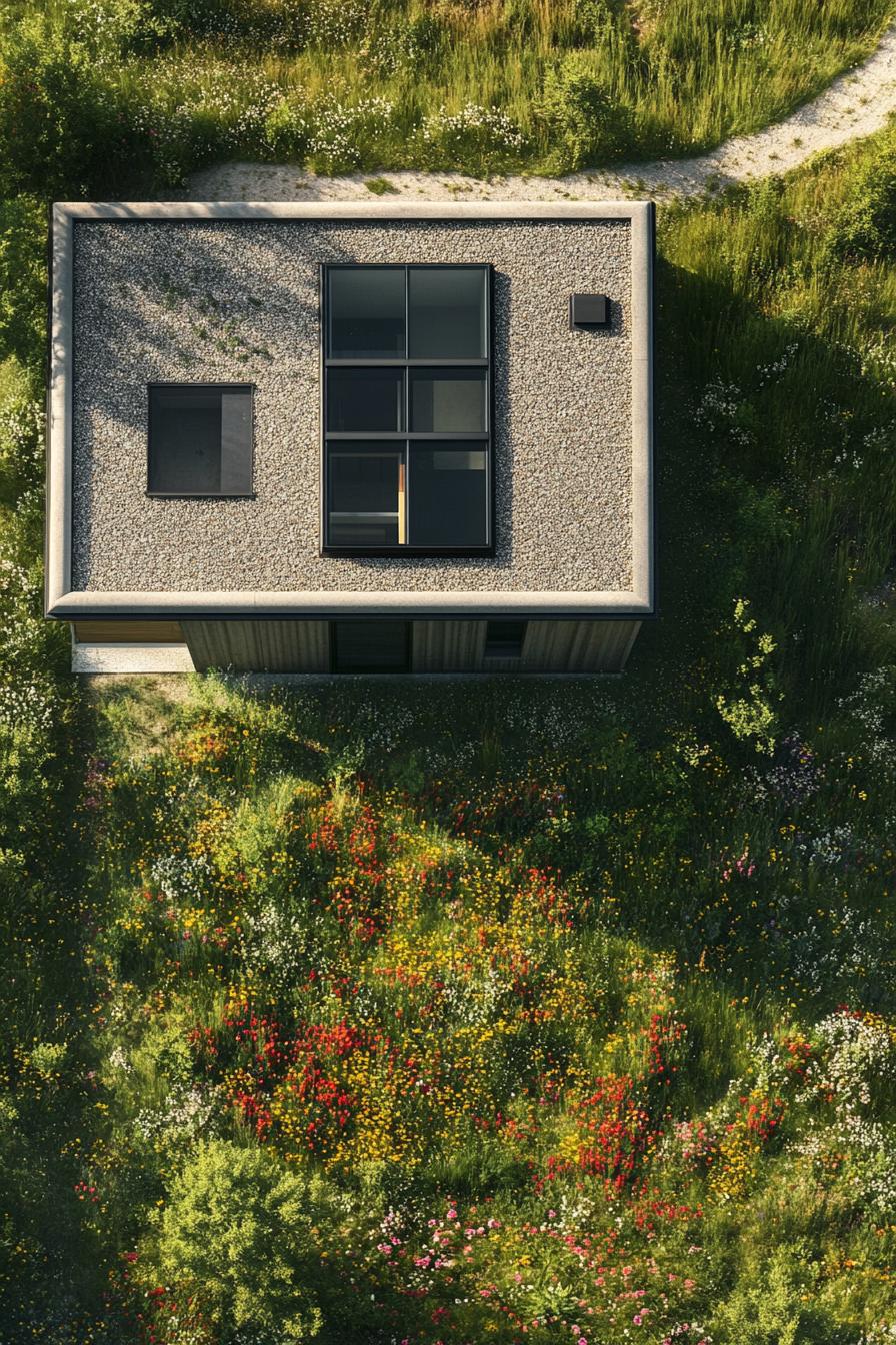 birds eye view of modern house with skylights in stunning wildflower meadows 1