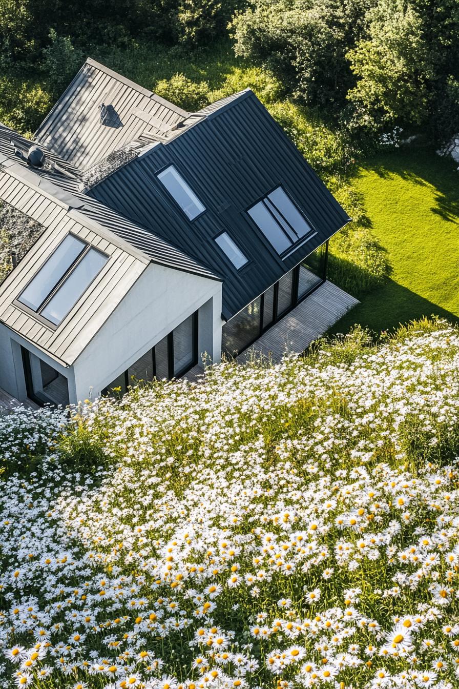 birds eye view of modern house with skylights in stunning wildflower meadows 2