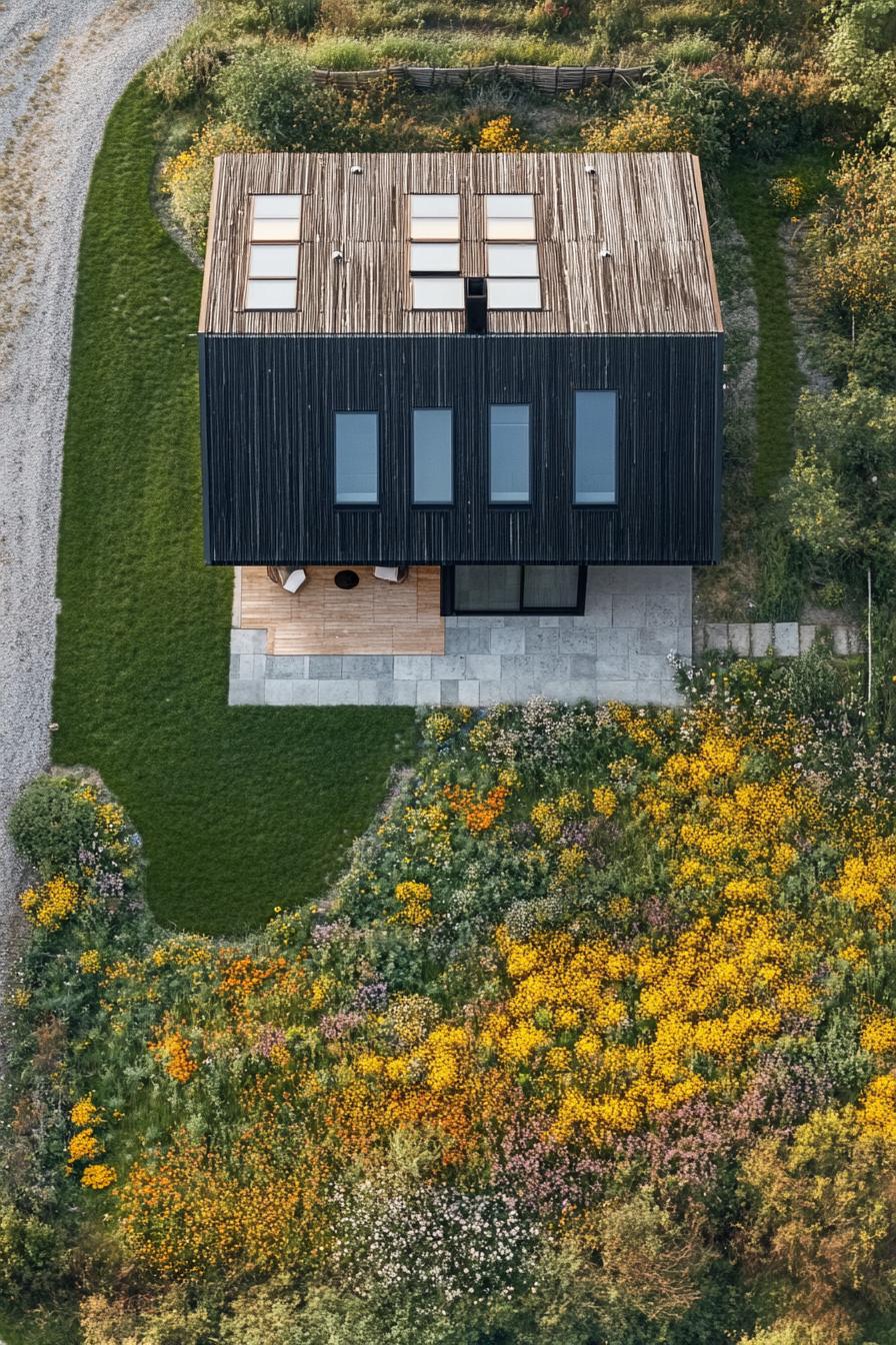 birds eye view of modern house with skylights in stunning wildflower meadows 3