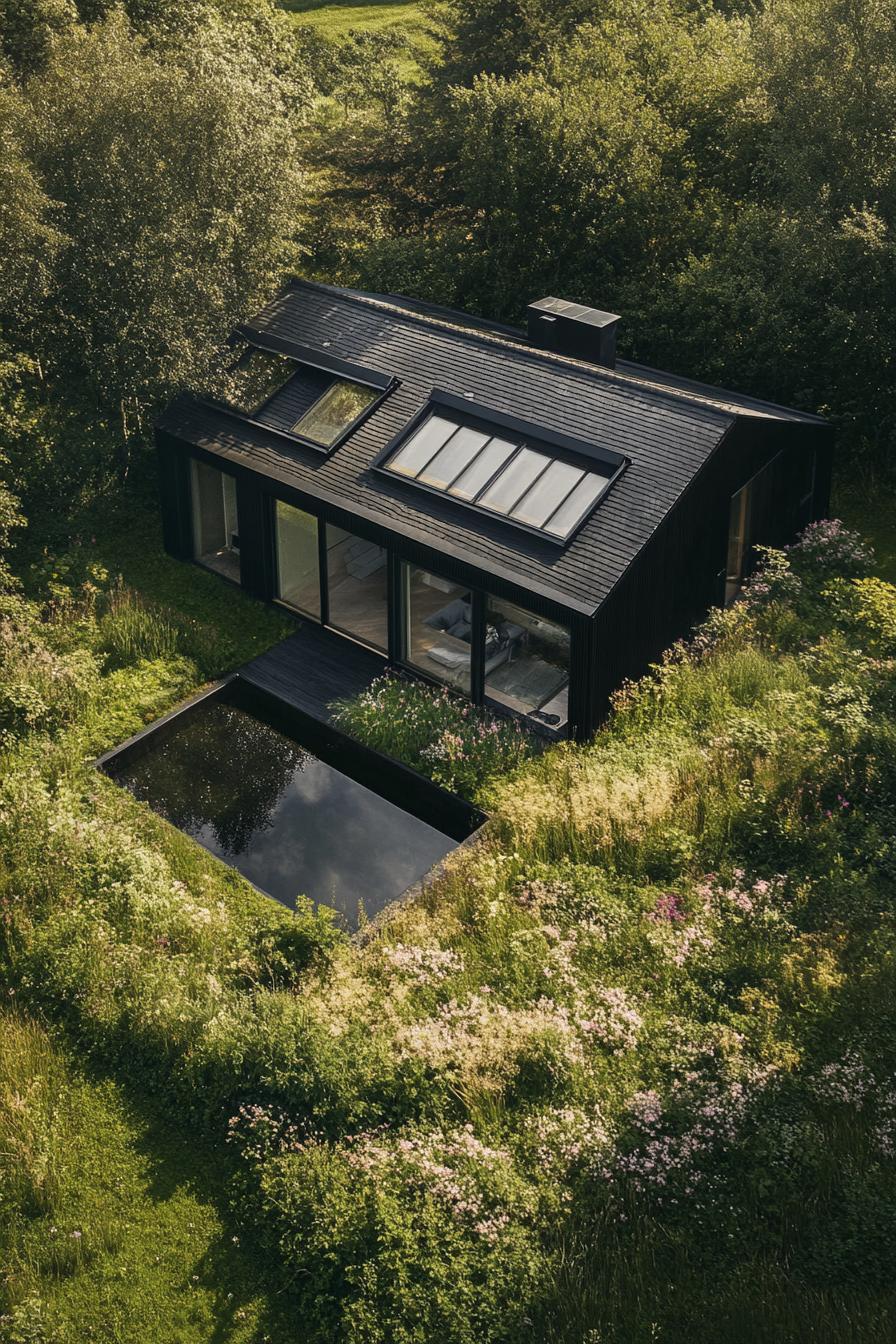 birds eye view of modern house with skylights in stunning wildflower meadows