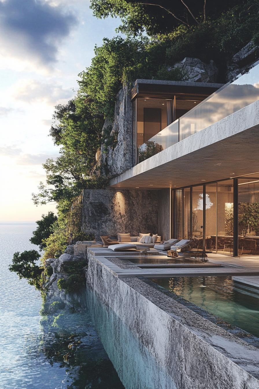 cliffside luxury villa with huge covered terrace geometric facade and infinity pool 2