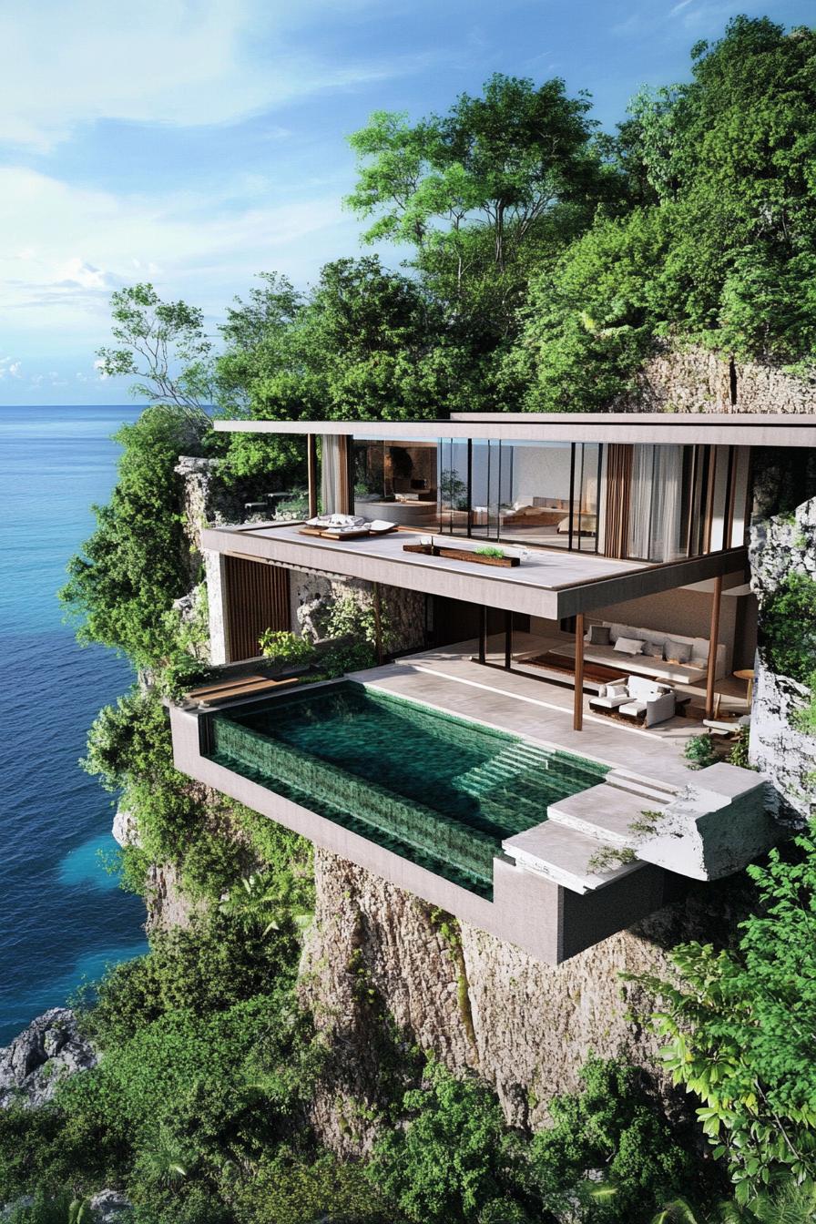 cliffside luxury villa with huge covered terrace geometric facade and infinity pool 3