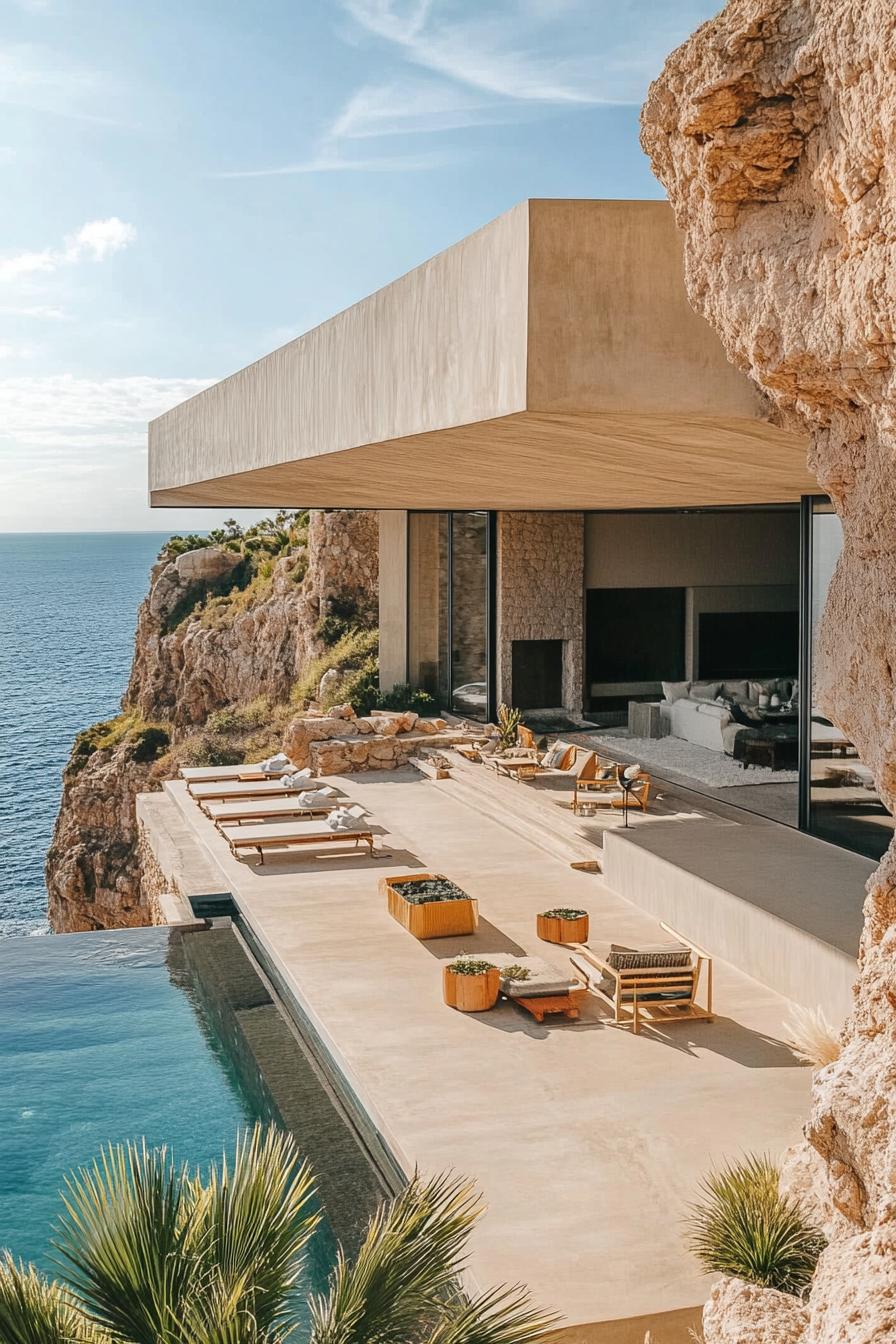 cliffside luxury villa with huge covered terrace geometric facade and infinity pool