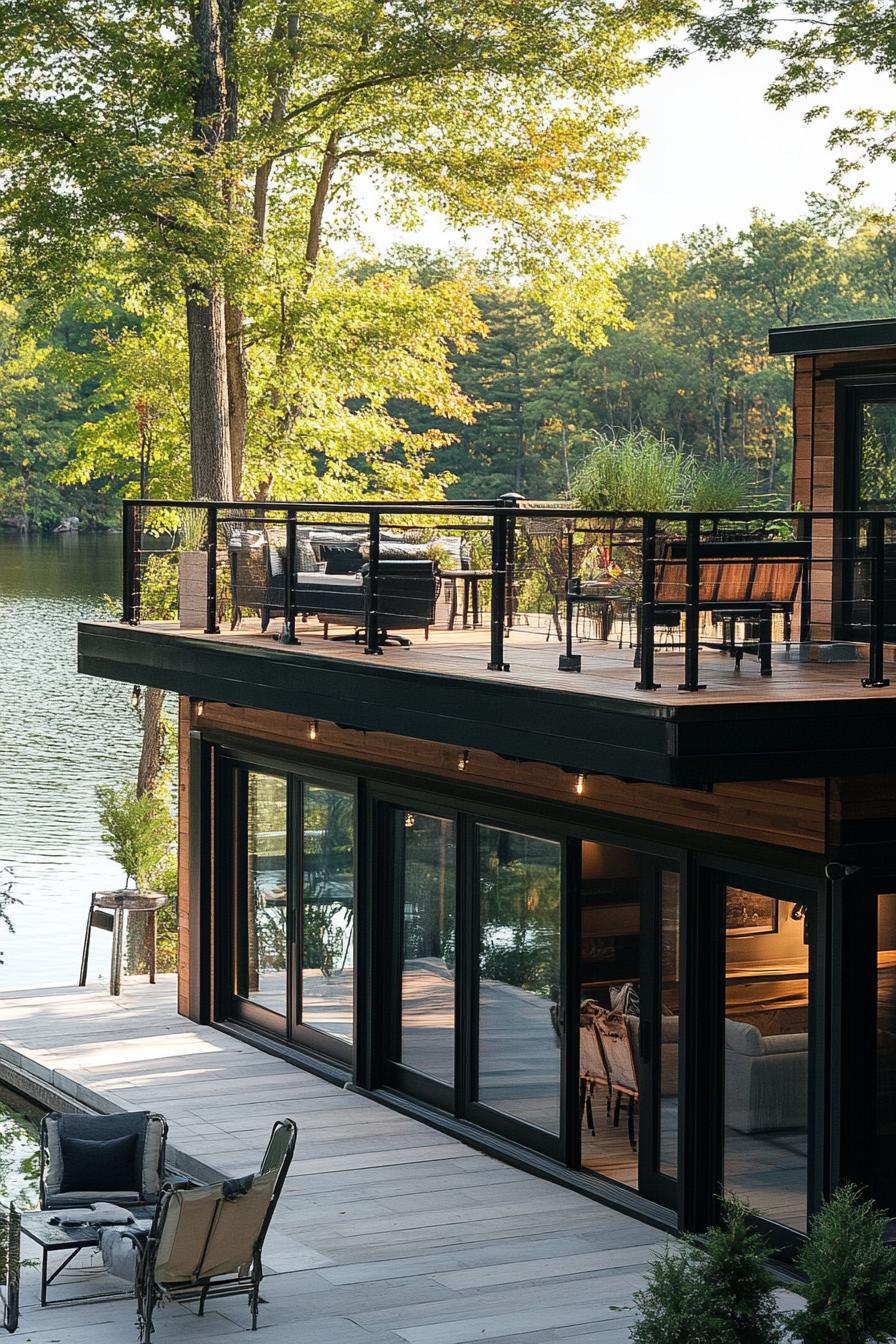 converted boathouse with rooftop deck on a beautiful lake