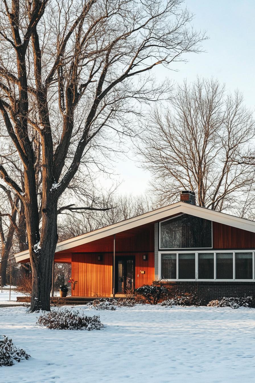 craftsman style mid century modern house facade with low pitched roof with overhang winter farmland with leafless trees 1