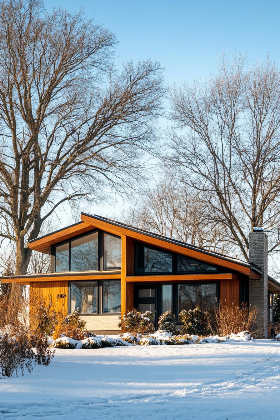 craftsman style mid century modern house facade with low pitched roof with overhang winter farmland with leafless trees 2