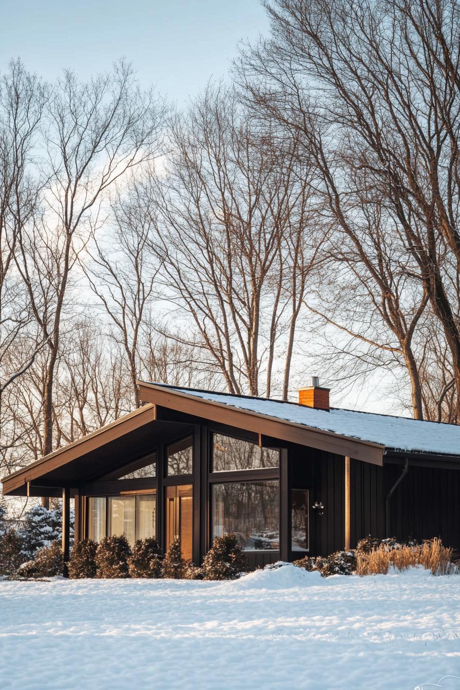 craftsman style mid century modern house facade with low pitched roof with overhang winter farmland with leafless trees 3