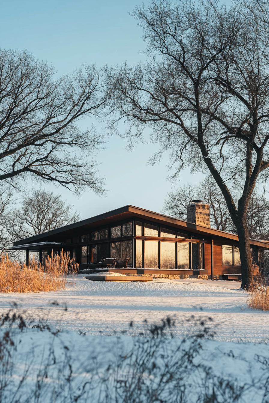 craftsman style mid century modern house facade with low pitched roof with overhang winter farmland with leafless trees