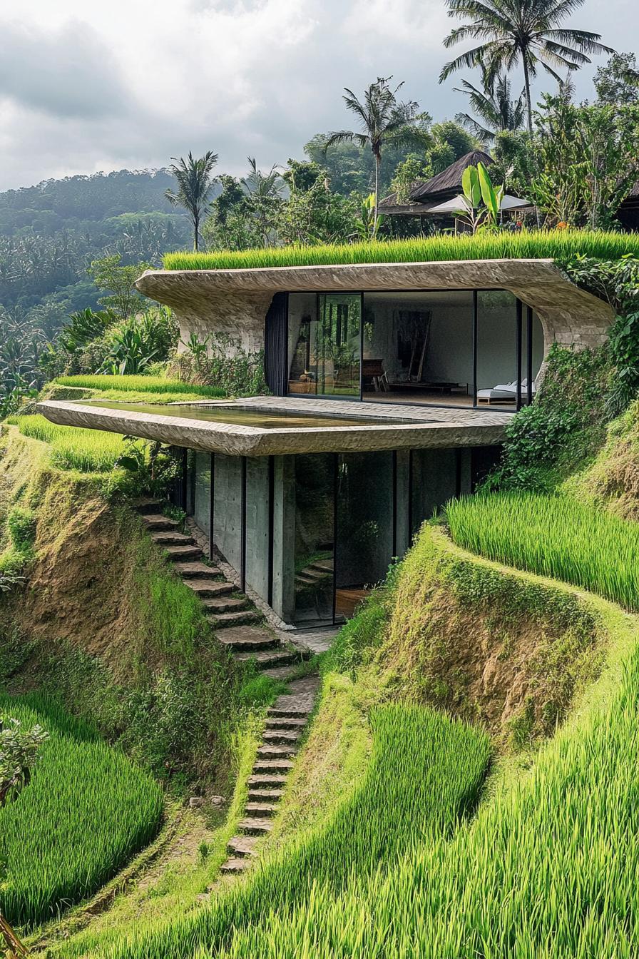 earth sheltered modern house facade built into rice terraces in Bali 1