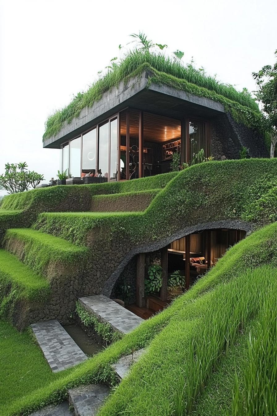 earth sheltered modern house facade built into rice terraces in Bali 2