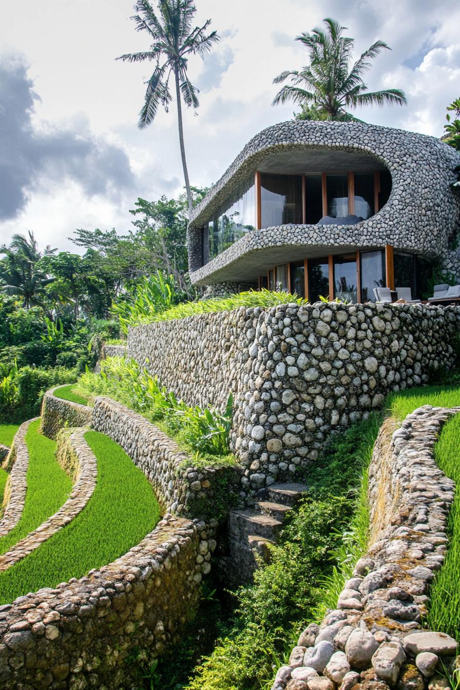 earth sheltered modern house facade built into rice terraces in Bali 3