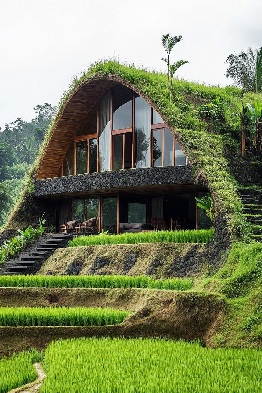 earth sheltered modern house facade built into rice terraces in Bali