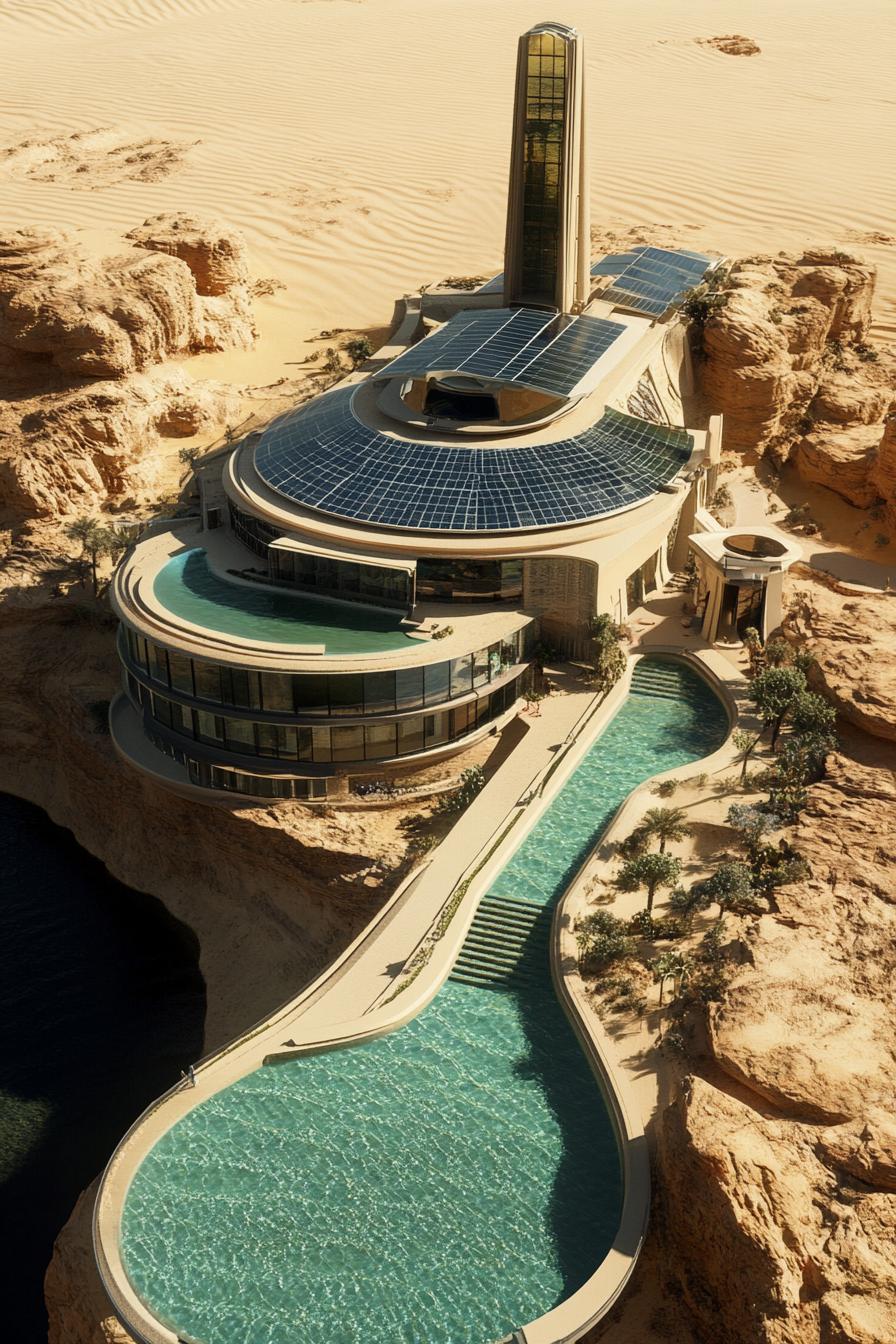 futuristic giant mansion with solar panels pools gardens in a desert near above view 1