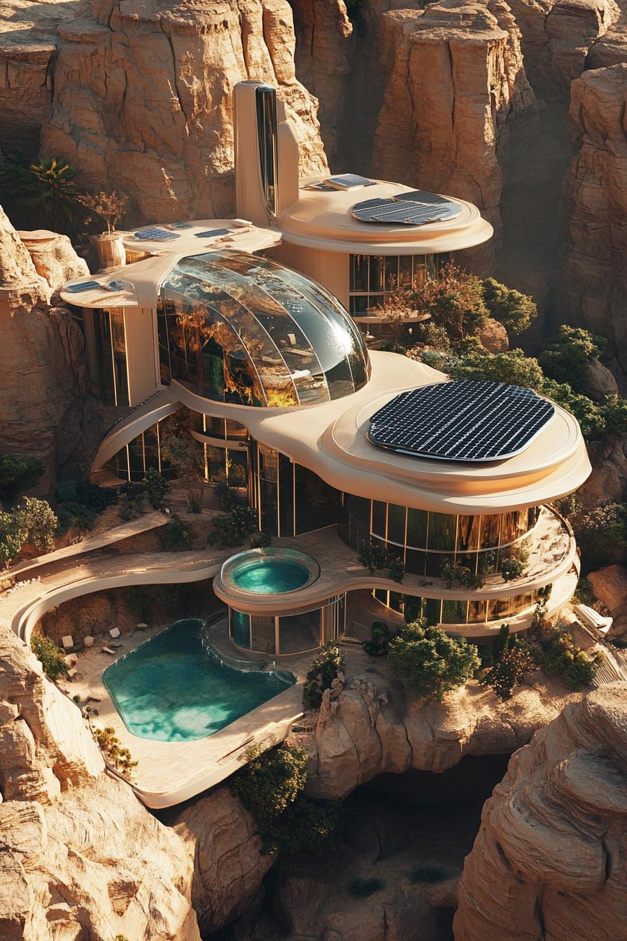 futuristic giant mansion with solar panels pools gardens in a desert near above view 2