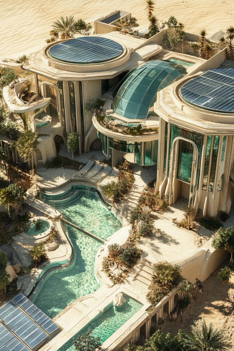 futuristic giant mansion with solar panels pools gardens in a desert near above view 3