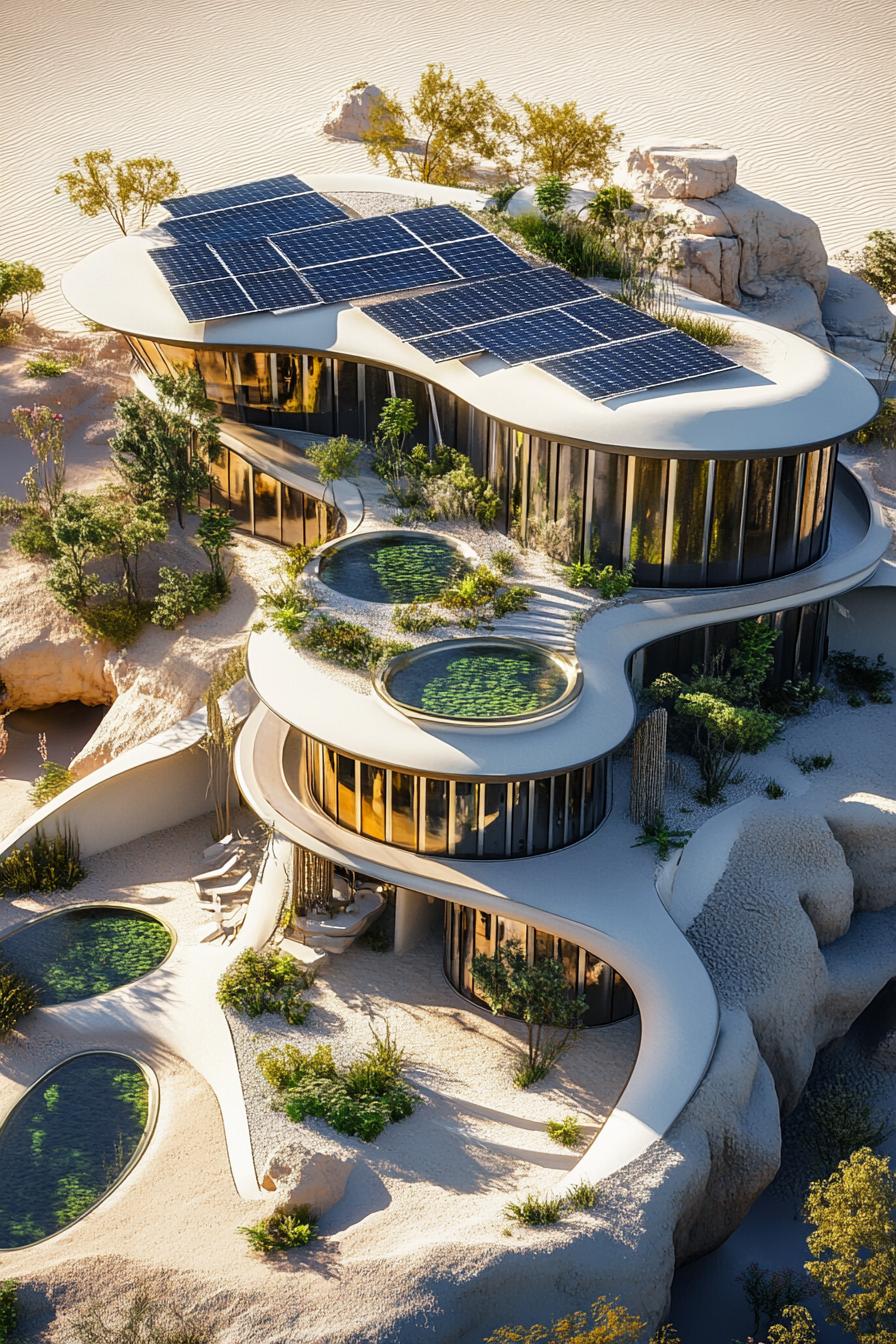 futuristic giant mansion with solar panels pools gardens in a desert near above view