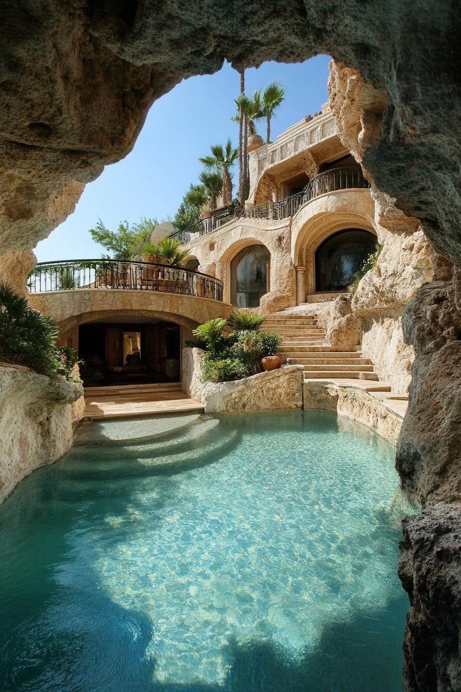 luxury cave mansion with cave pool and gardens