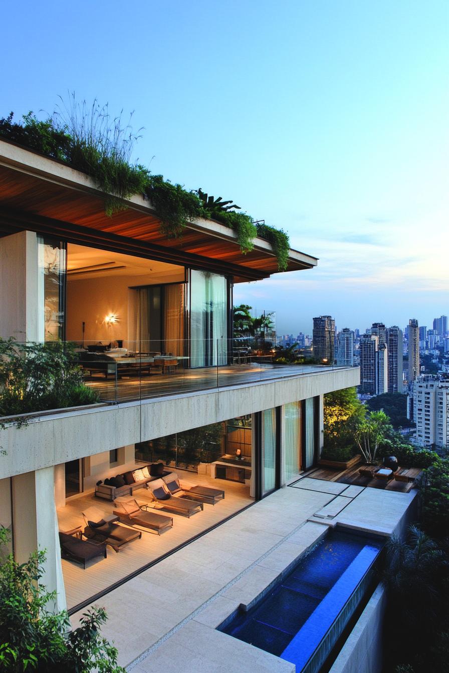 luxury mansion penthouse on a city hill with roof garden and 360 views of stunning city skyline