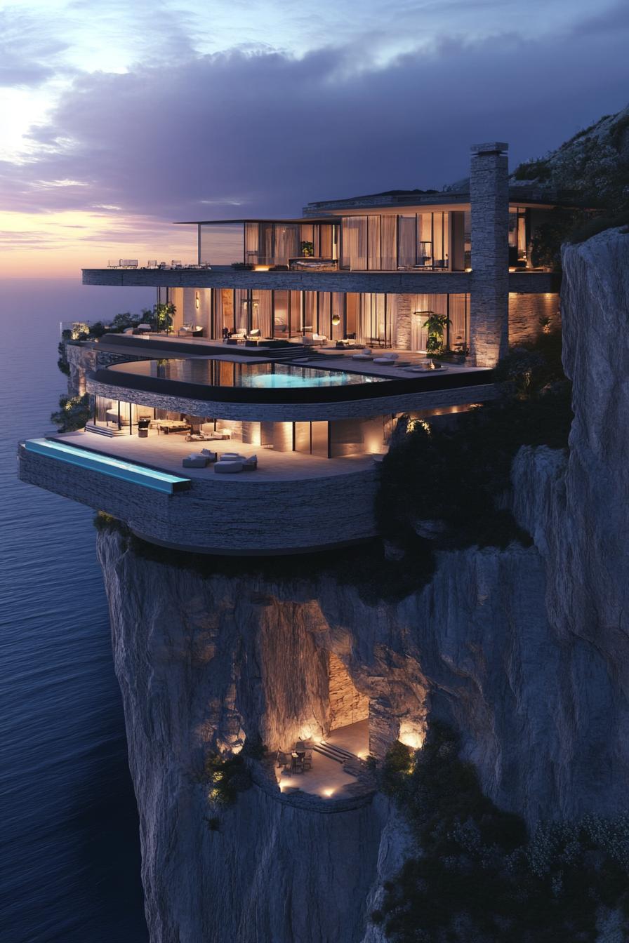 massive modern palace mansion on a cliff