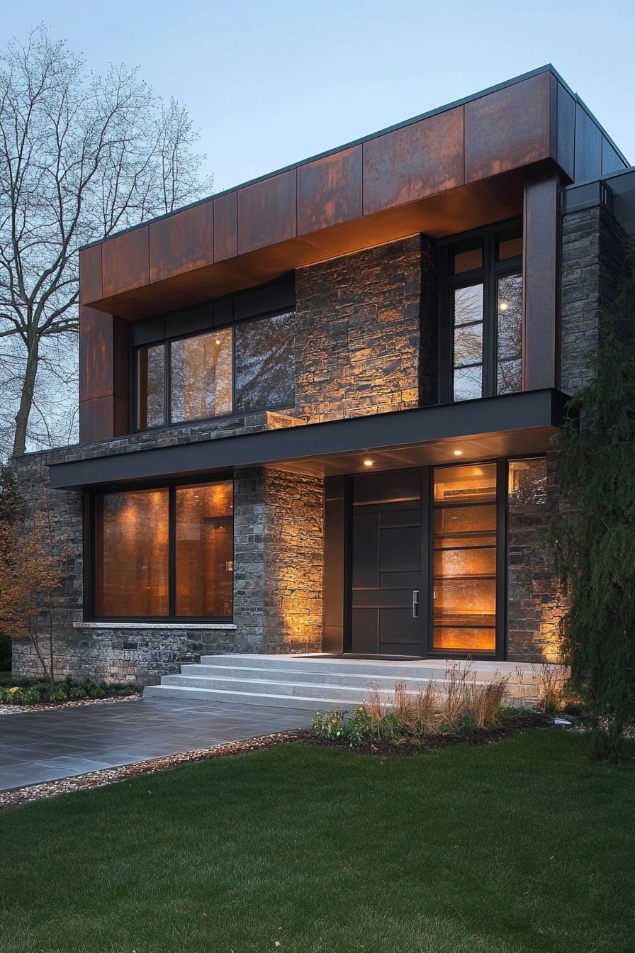 metal and textured stone modern house facade 1