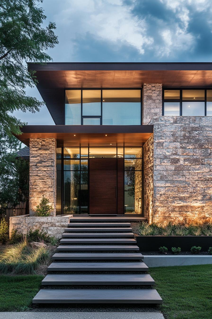 metal and textured stone modern house facade 3