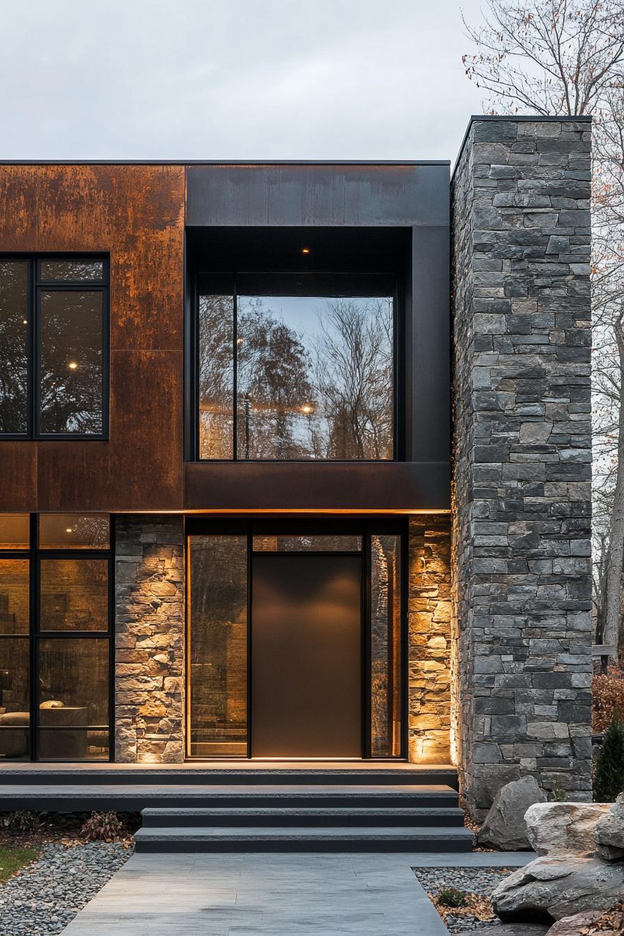 metal and textured stone modern house facade