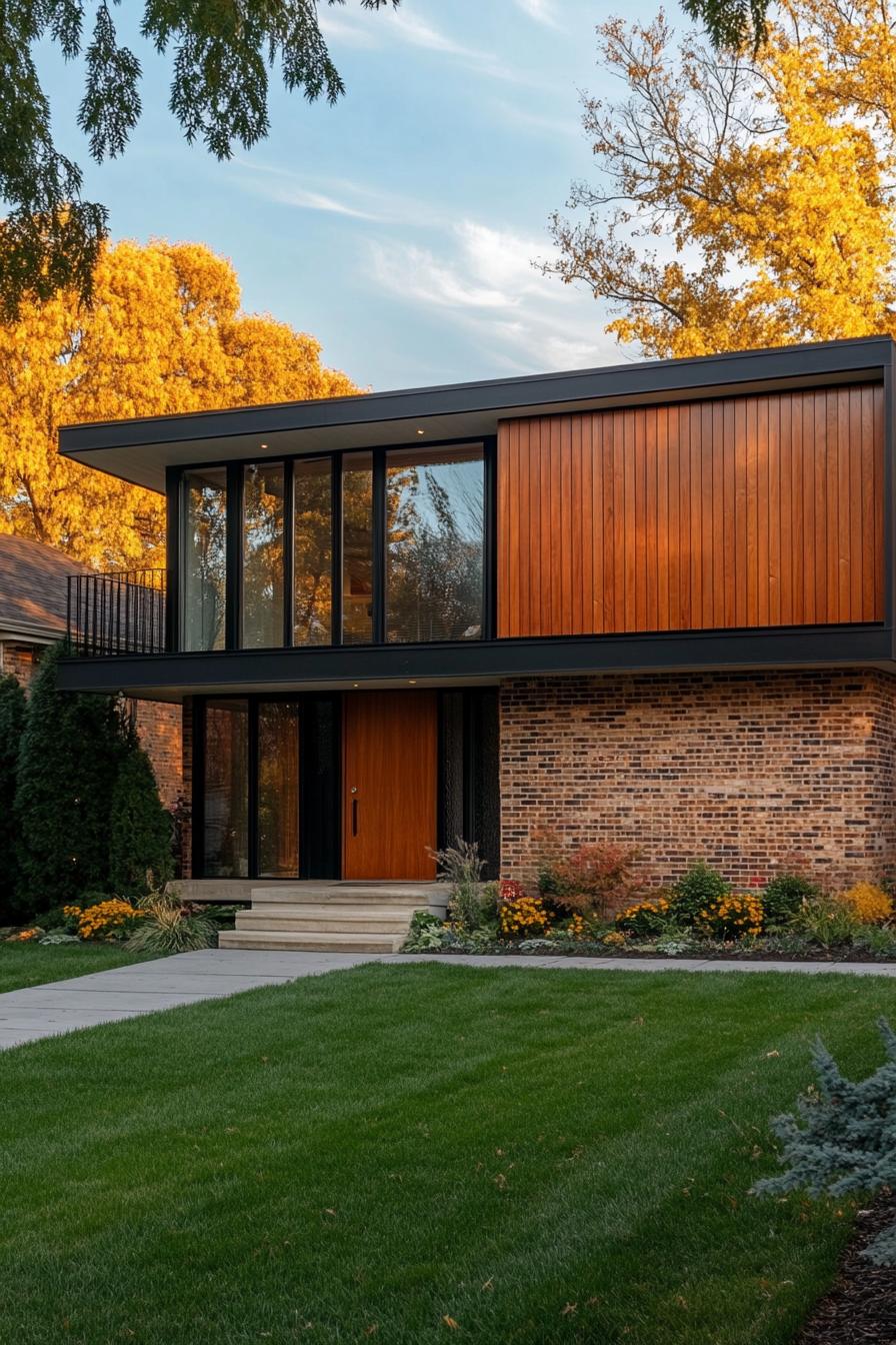 mid century modern 1950s style house facade with brick and wood accents 1