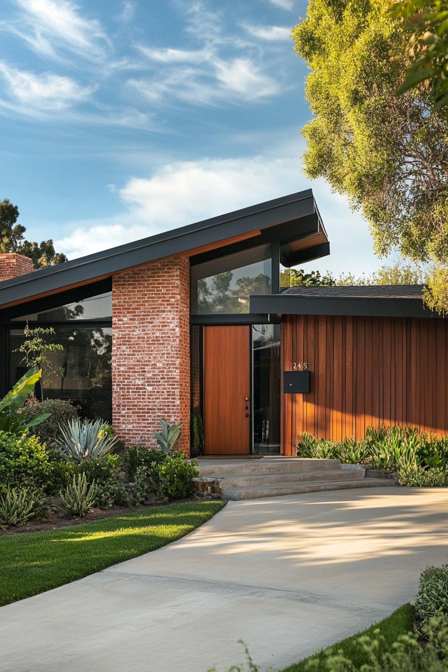 mid century modern 1950s style house facade with brick and wood accents 2