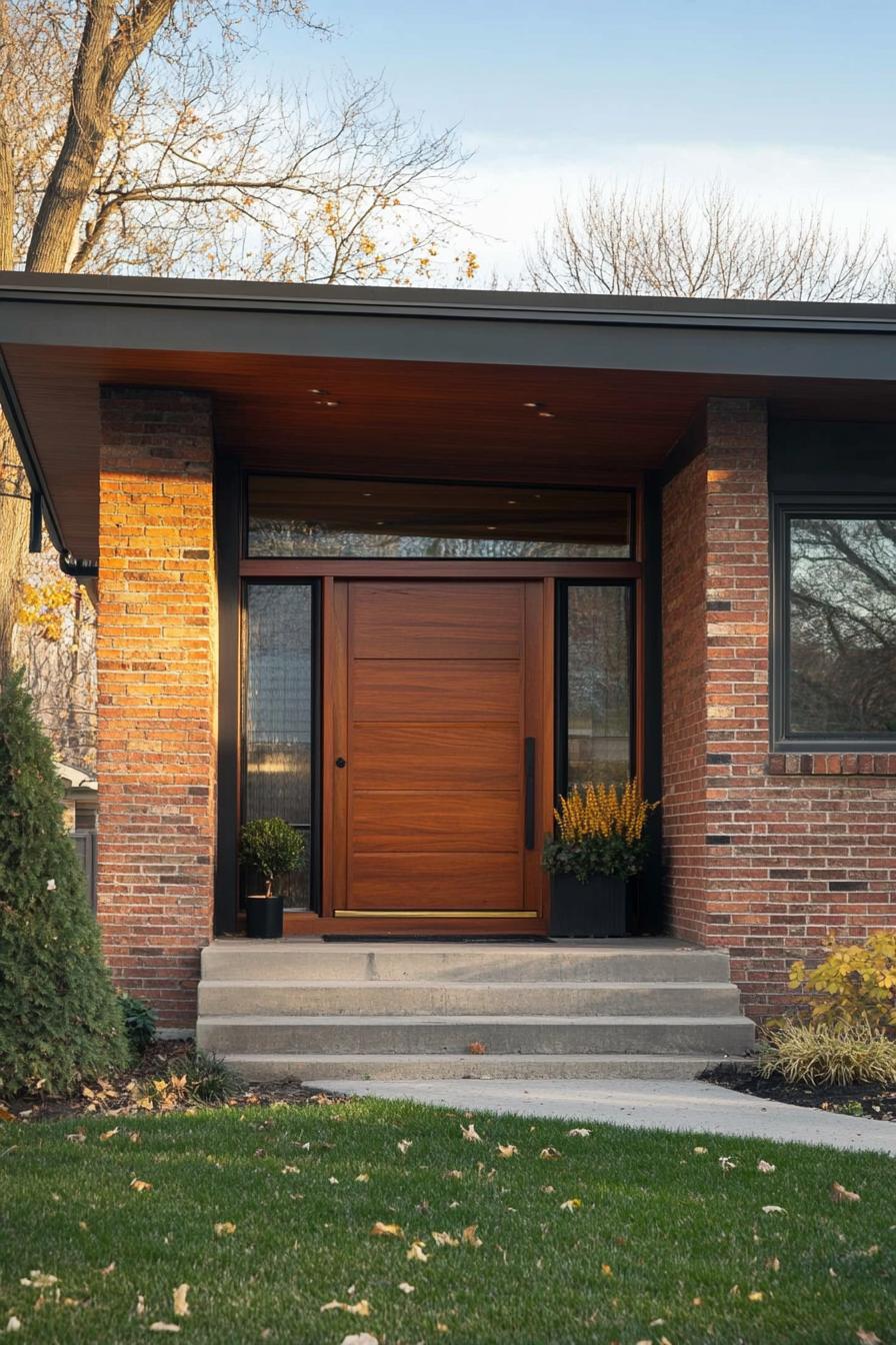 mid century modern 1950s style house facade with brick and wood accents