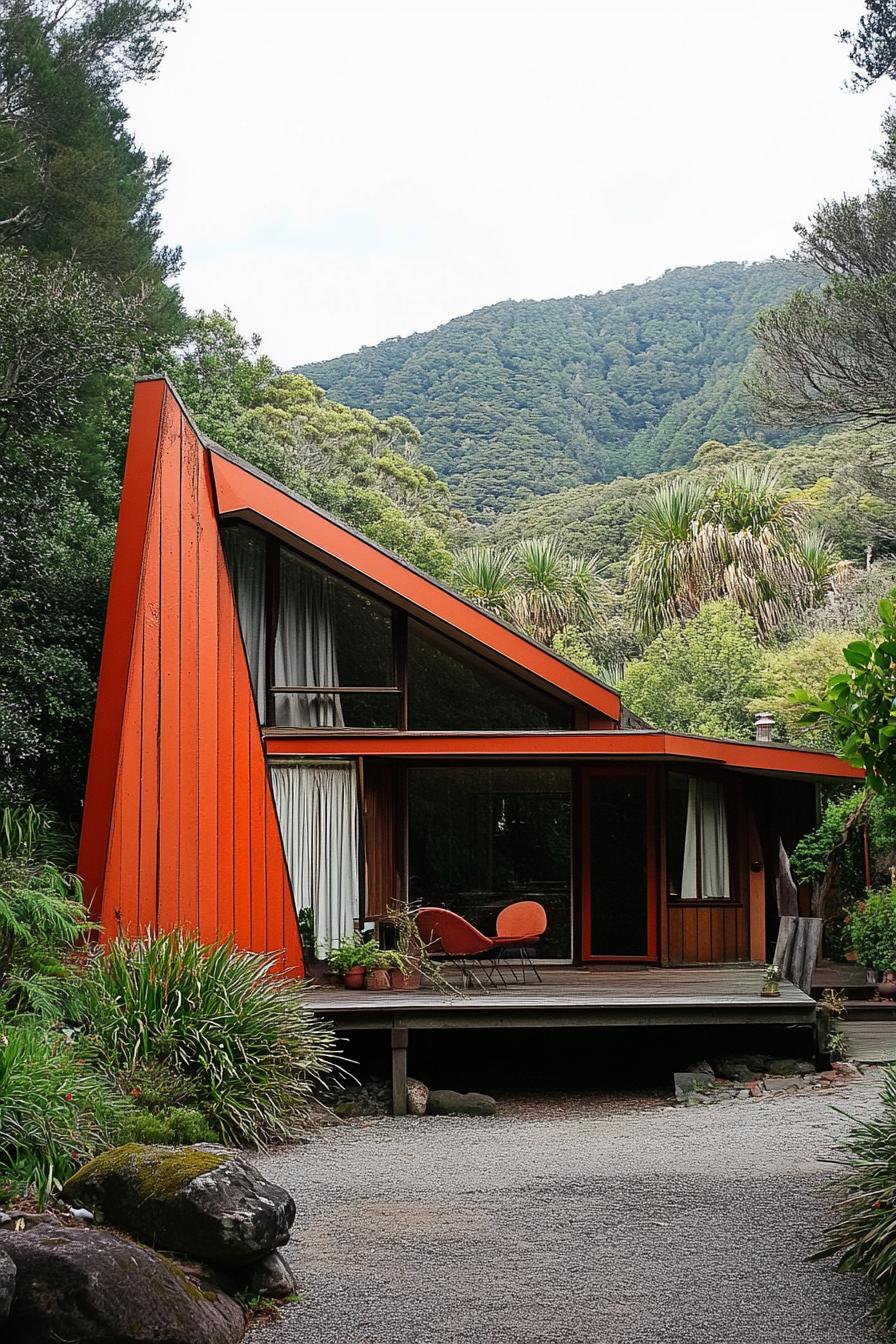 mid century modern cabin assymetrical geometric facade stunning green New Zealand hills 2