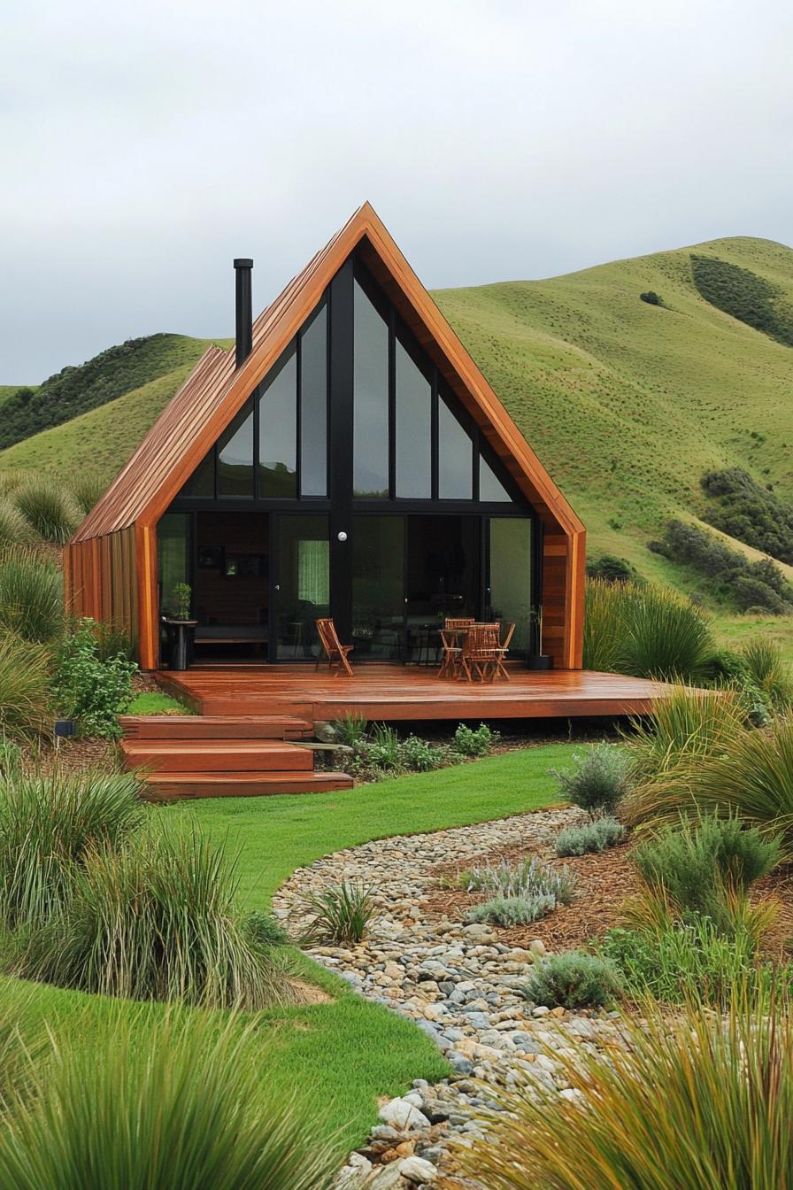 mid century modern cabin assymetrical geometric facade stunning green New Zealand hills 3