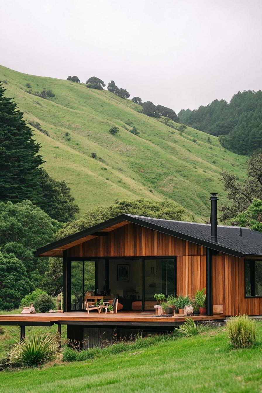 mid century modern cabin assymetrical geometric facade stunning green New Zealand hills