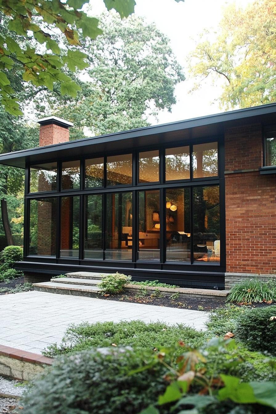 mid century modern house facade big windows with simple frames