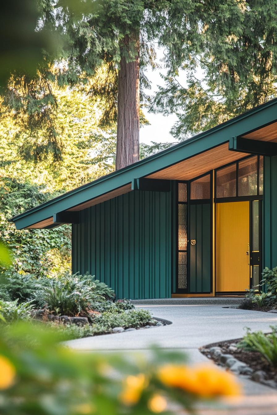 mid century modern house facade forest green and teal colors with brass accents