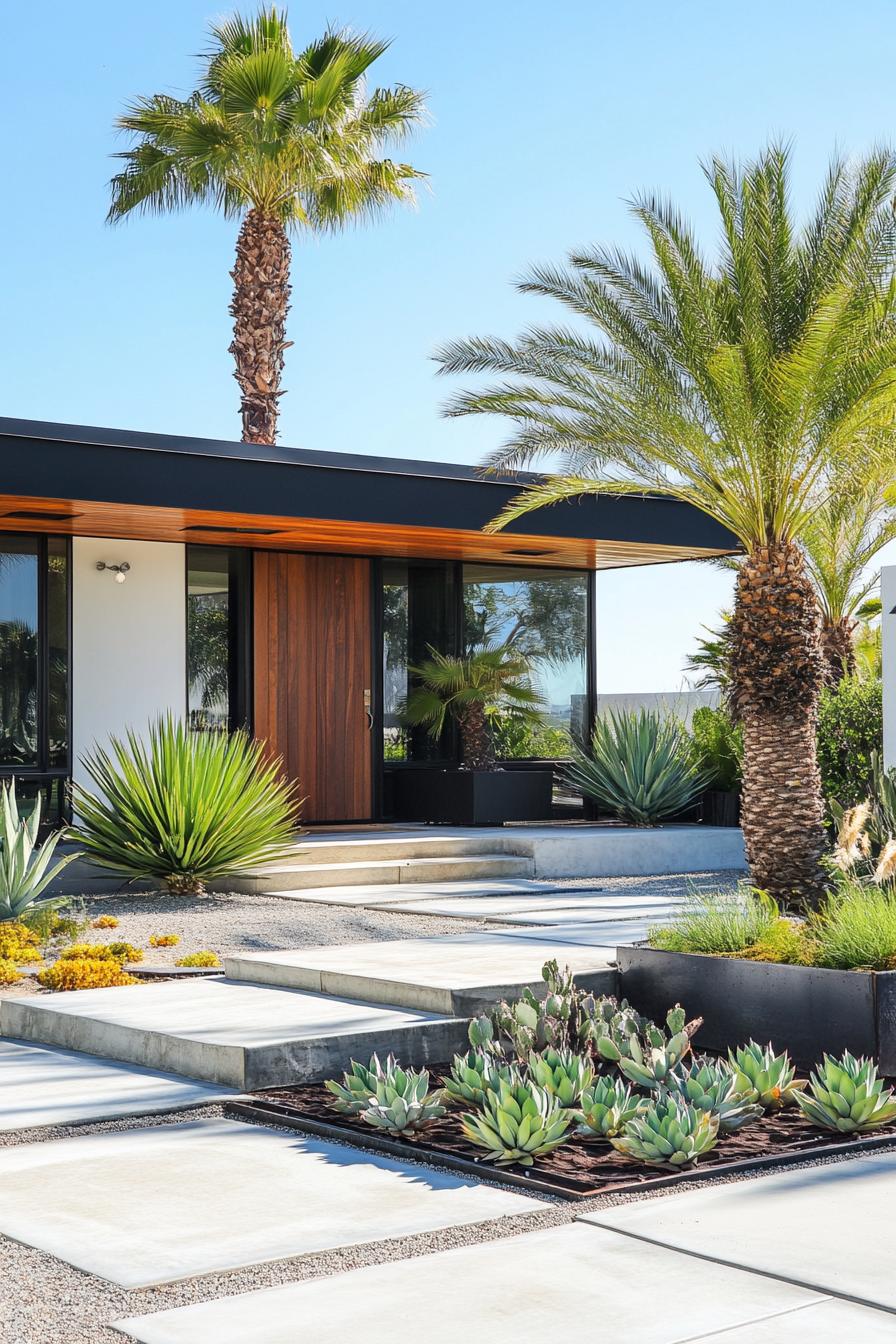 mid century modern house front porch with succulent planters with palm trees in the yard 1