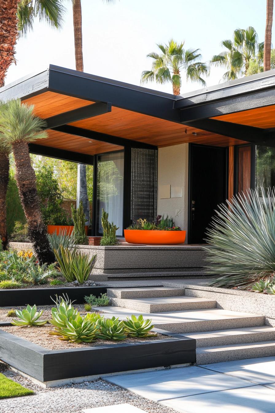 mid century modern house front porch with succulent planters with palm trees in the yard 2