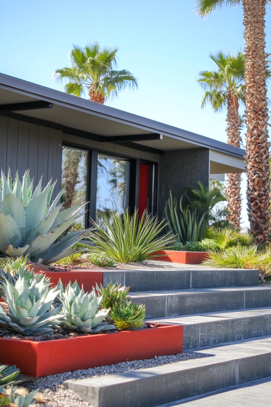 mid century modern house front porch with succulent planters with palm trees in the yard 3