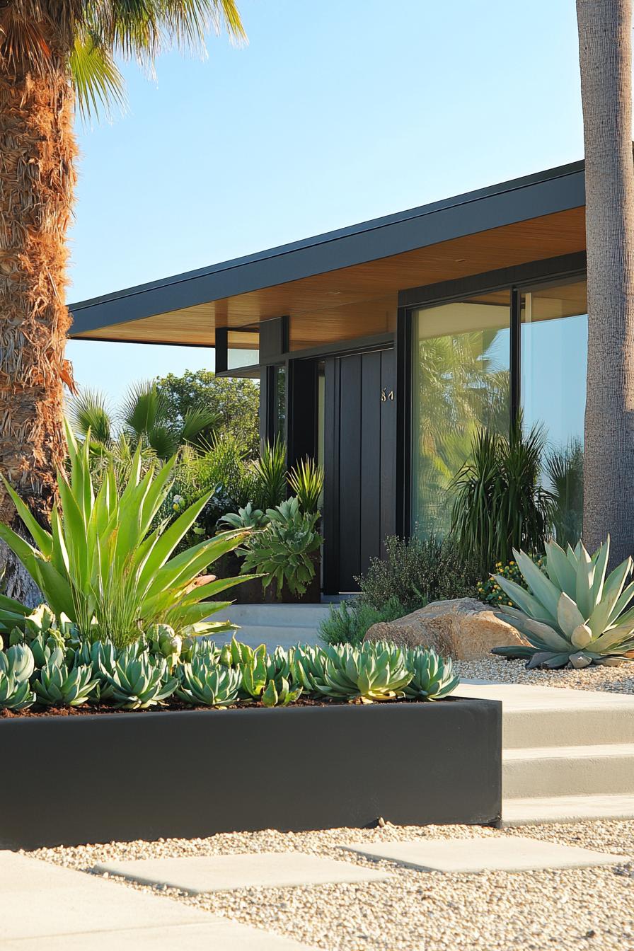 mid century modern house front porch with succulent planters with palm trees in the yard