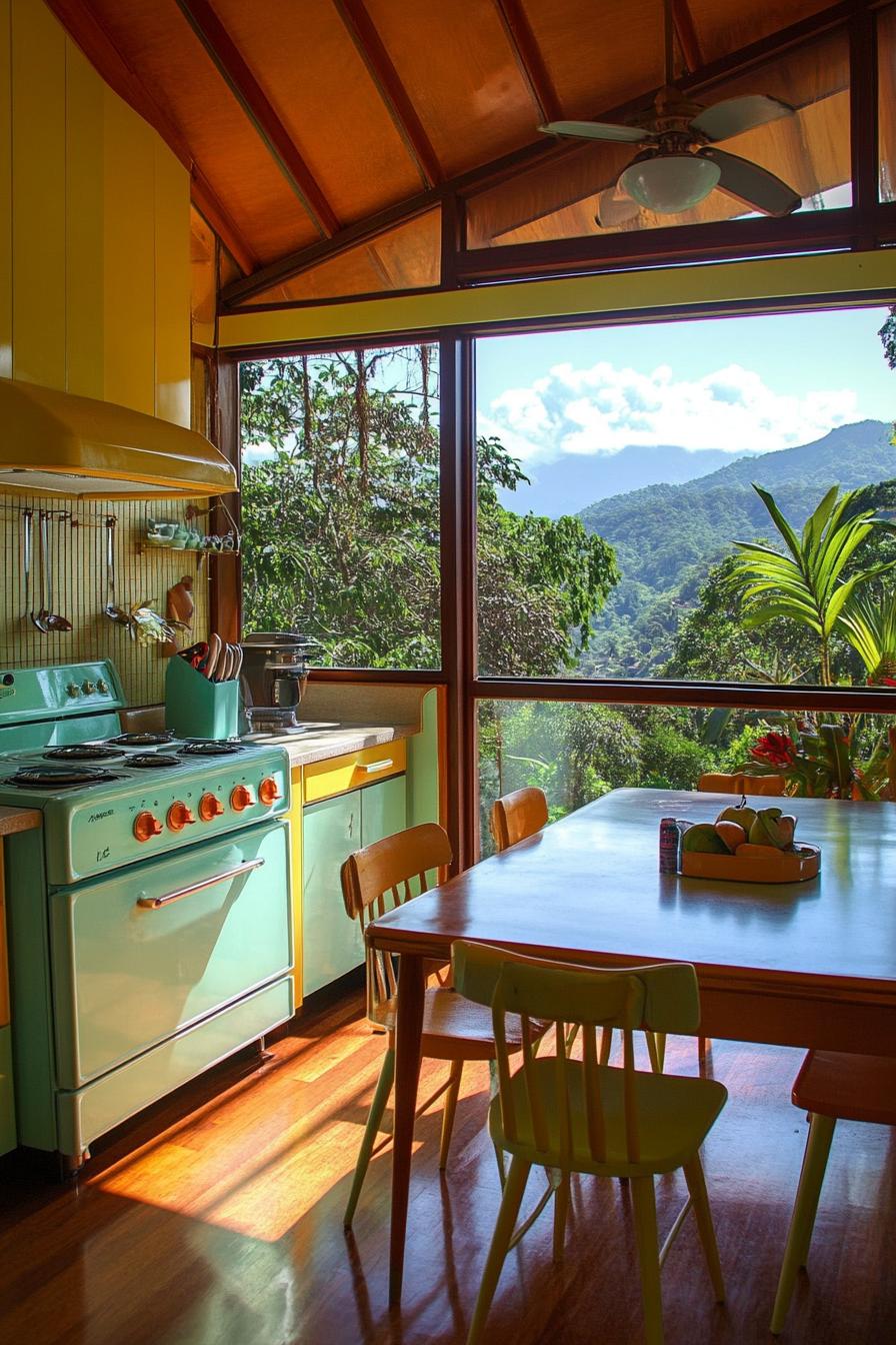 mid century modern lodge with retro kitchen with pastel color appliances large windows overlooking tropical mountains 1