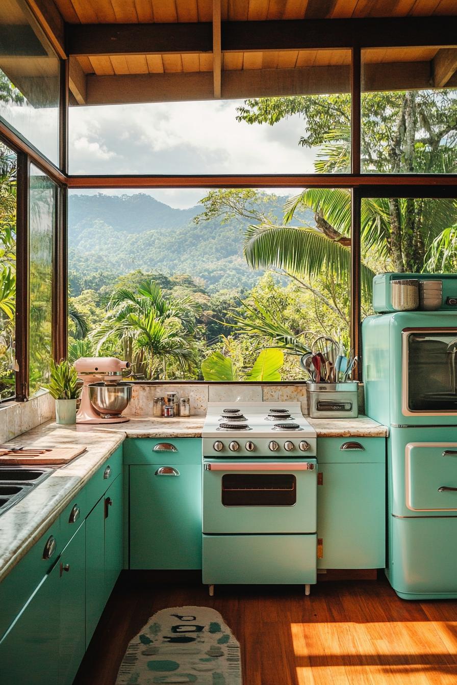 mid century modern lodge with retro kitchen with pastel color appliances large windows overlooking tropical mountains 2