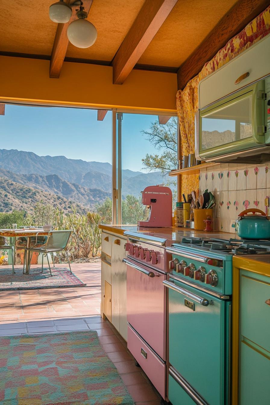 mid century modern lodge with retro kitchen with pastel color appliances large windows overlooking tropical mountains 3