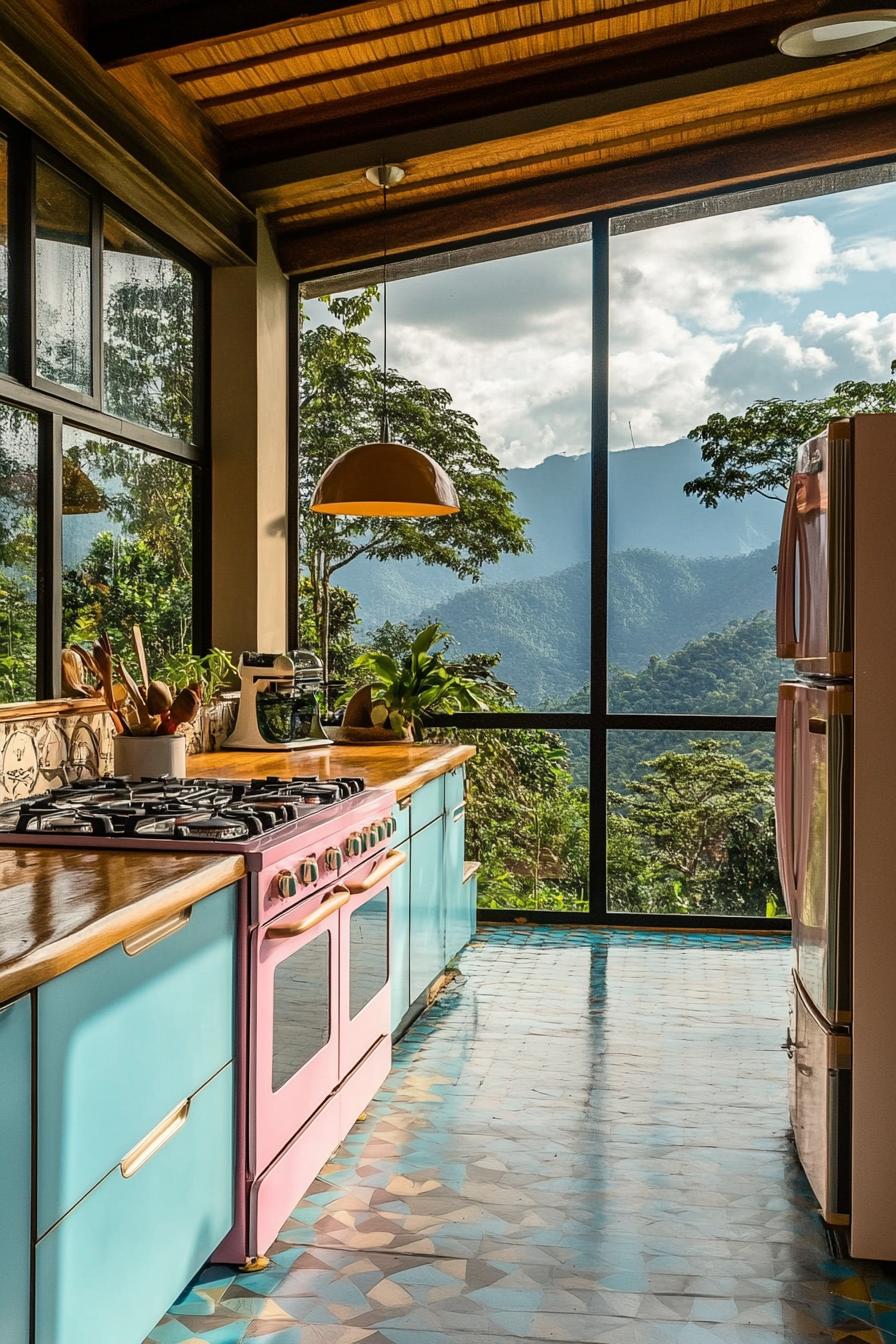 mid century modern lodge with retro kitchen with pastel color appliances large windows overlooking tropical mountains