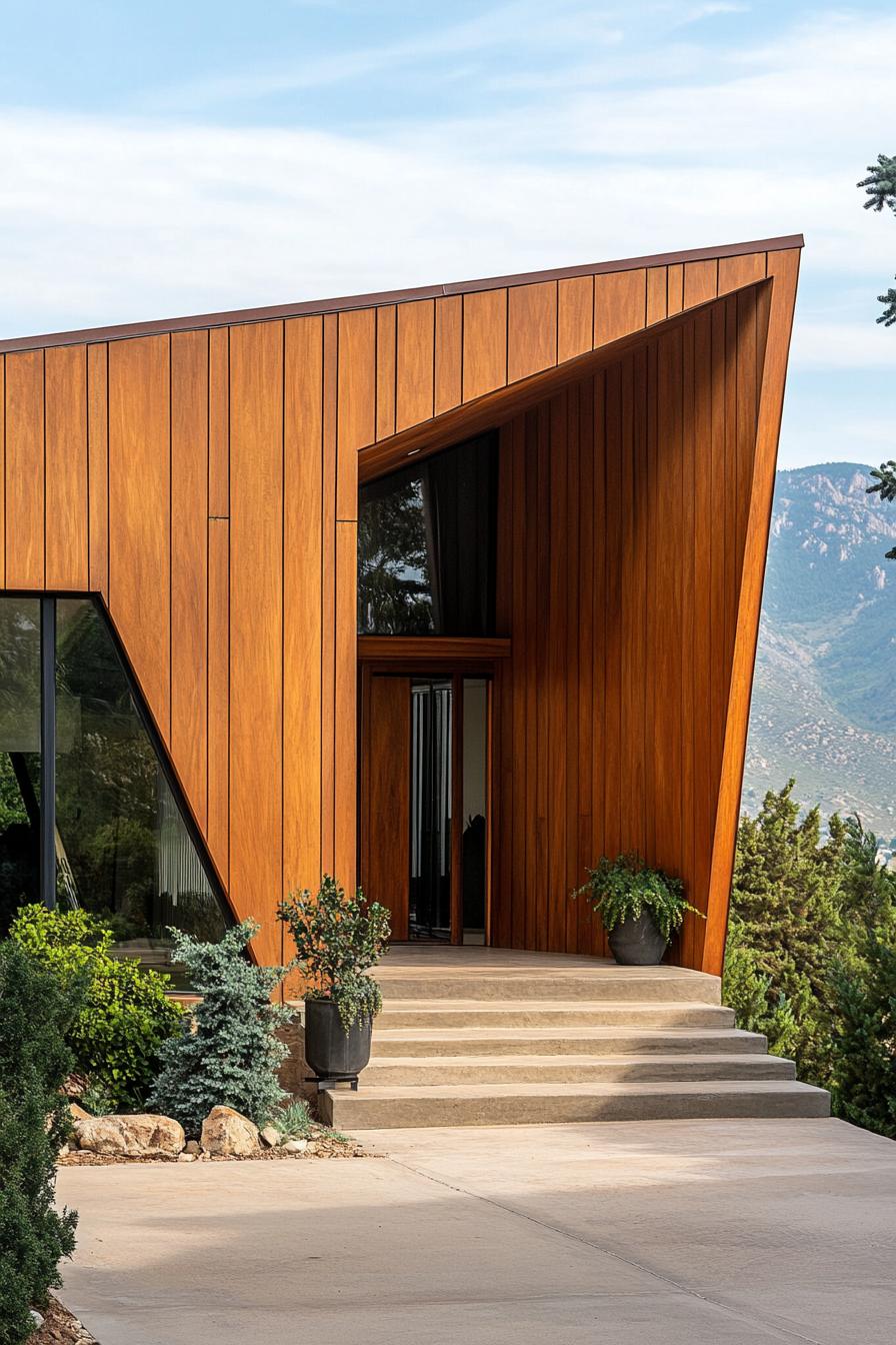 modern 70s style house facade with geometric wood paneling stunning mountain views 1