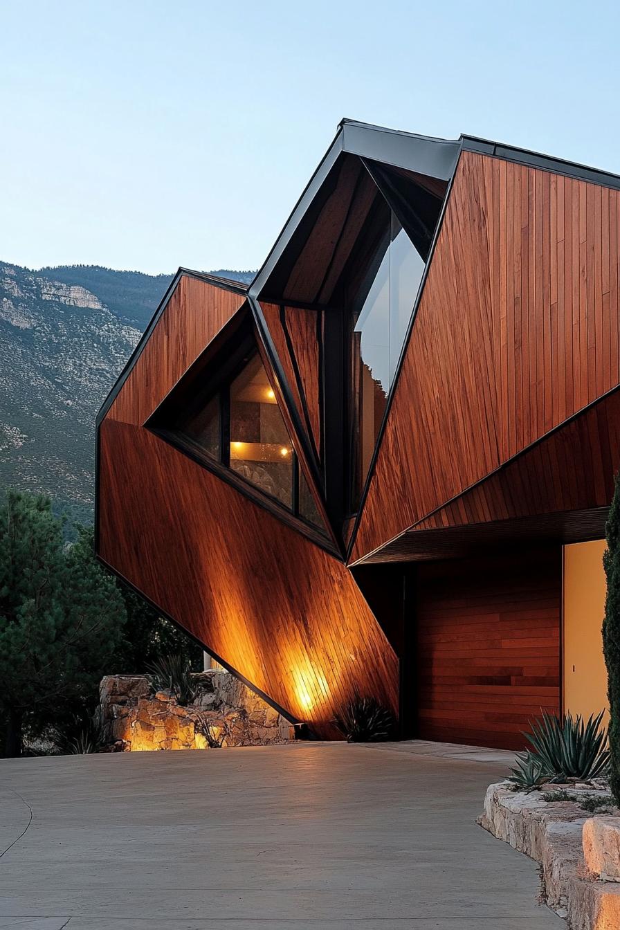 modern 70s style house facade with geometric wood paneling stunning mountain views 2