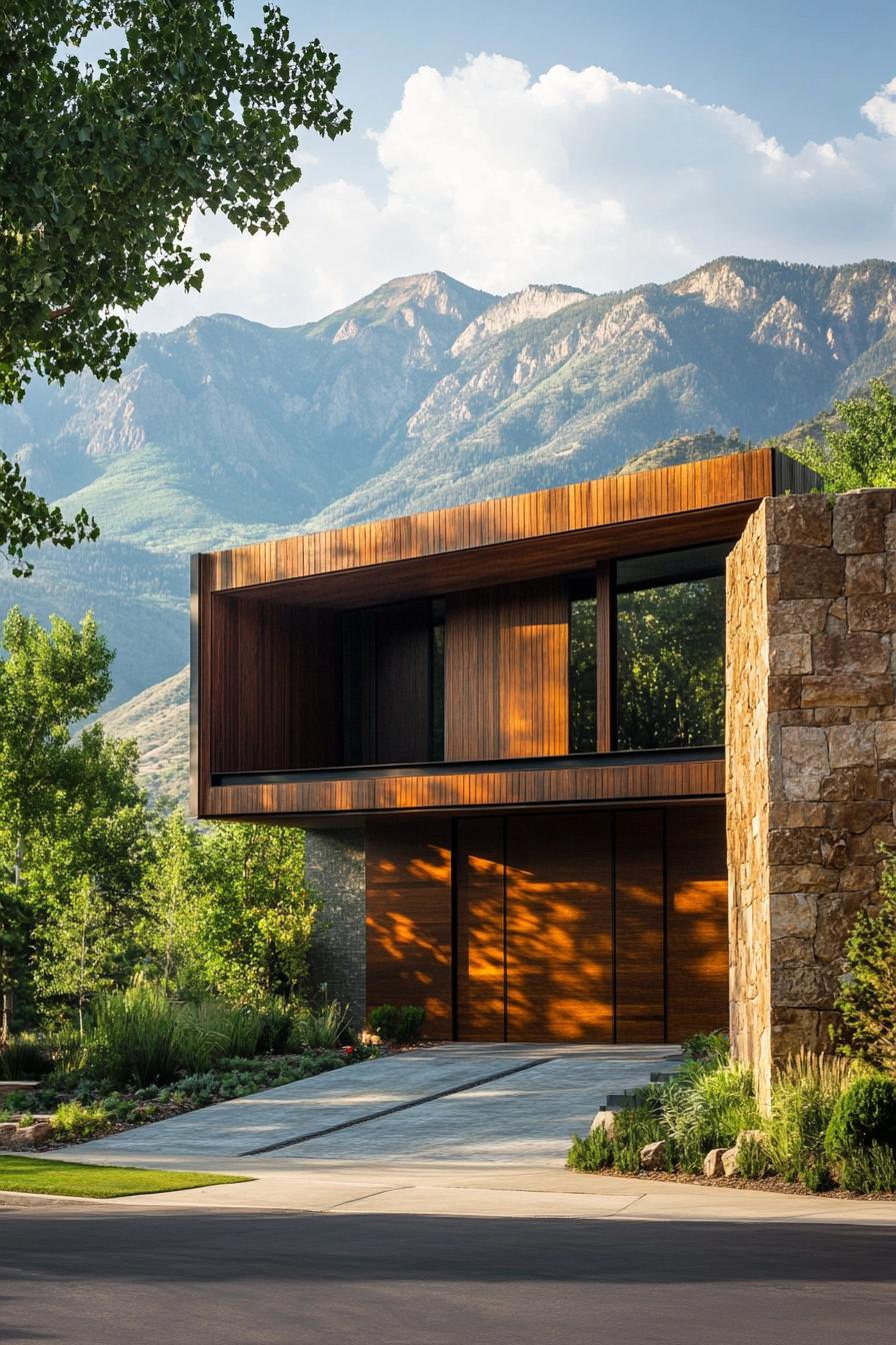 modern 70s style house facade with geometric wood paneling stunning mountain views 3