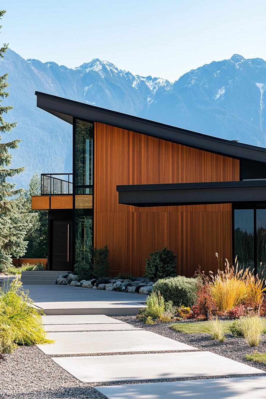 modern 70s style house facade with geometric wood paneling stunning mountain views