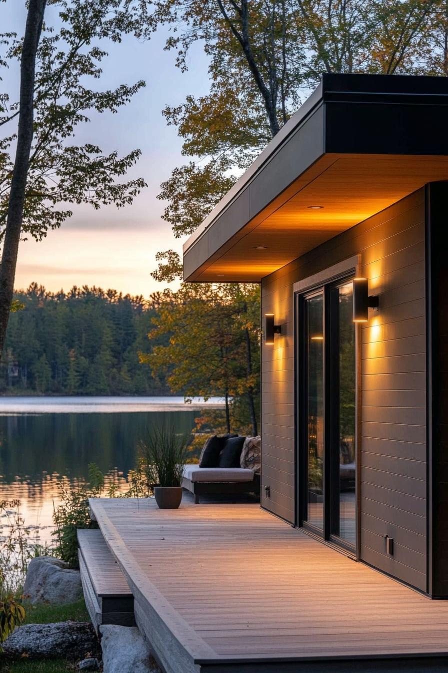 modern 90s style house front porch with retro lighting fixtures lakeside forest landscape 1