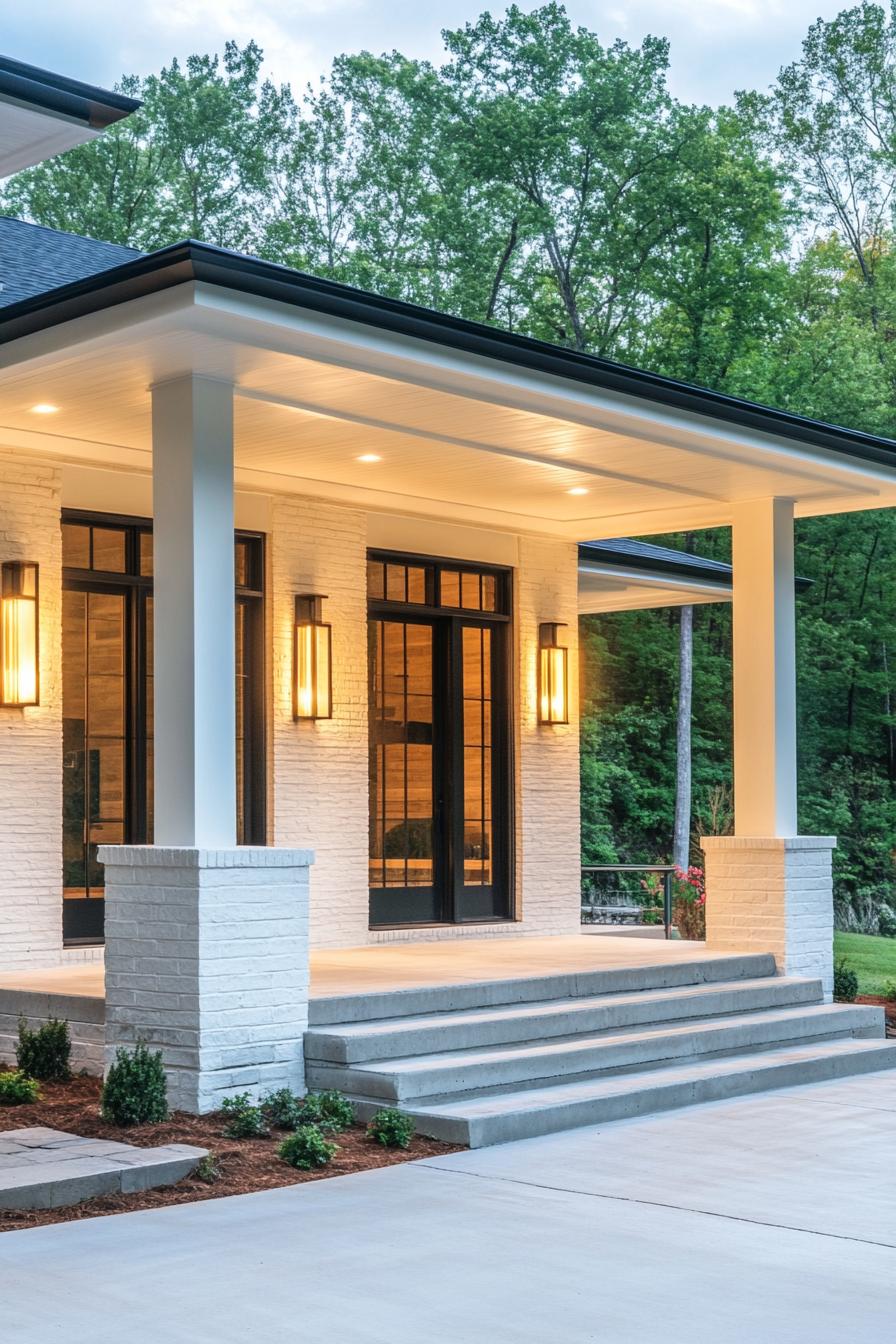 modern 90s style house front porch with retro lighting fixtures lakeside forest landscape 2