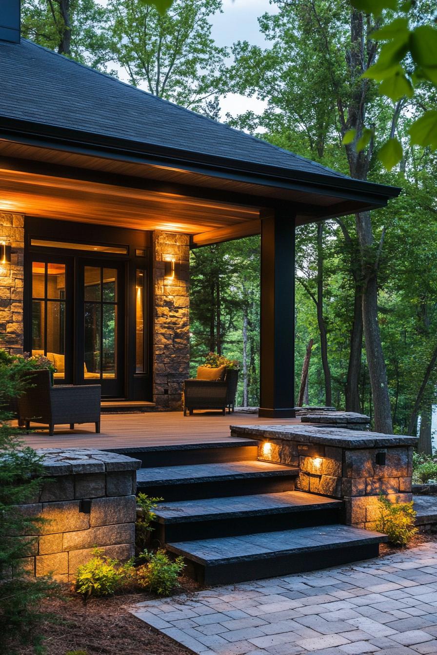 modern 90s style house front porch with retro lighting fixtures lakeside forest landscape 3